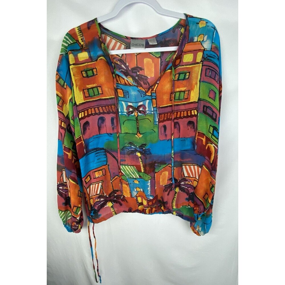 Chicos‎ Blouse Women Sz 8 Red Blue 100% Silk Tropical City Scene Artsy Vacation